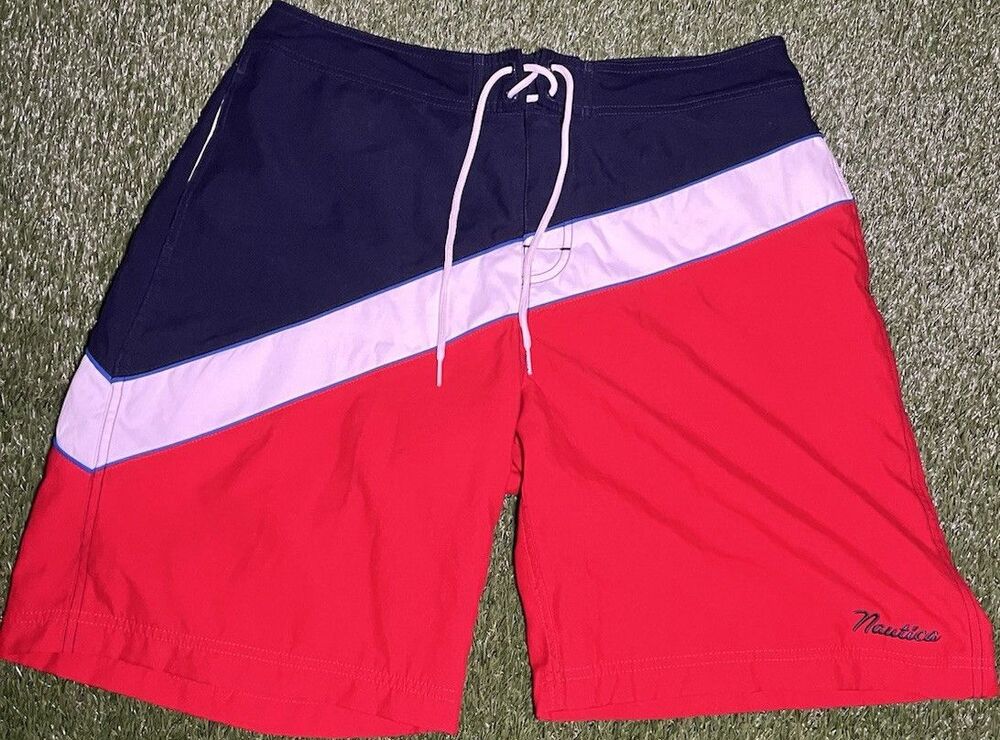Nautica Board Shorts Colorblock Red Navy Men's 36 Elastic Waist Lined